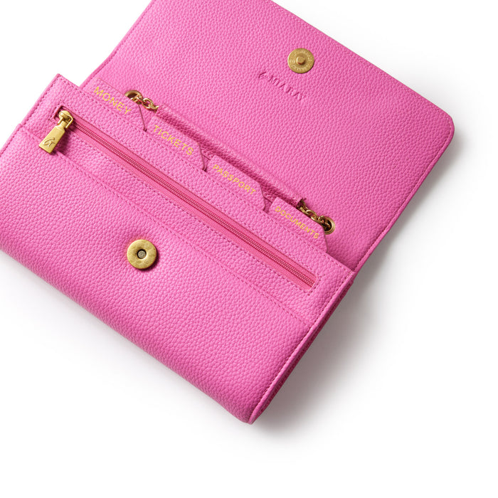 Pink Pebble Travel Wallet with gold accents, multiple compartments, and labeled sections for travel essentials.