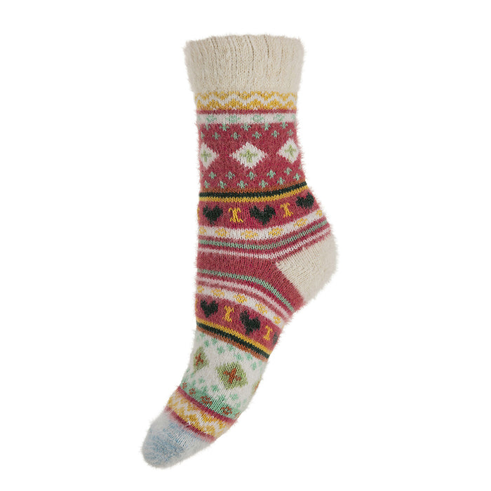 A pair of pink and white Nordic patterned wool blend socks with contrasting heel, cuff, and toe.