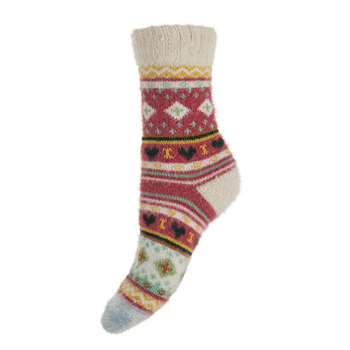 A pair of pink and white Nordic patterned wool blend socks with contrasting heel, cuff, and toe.