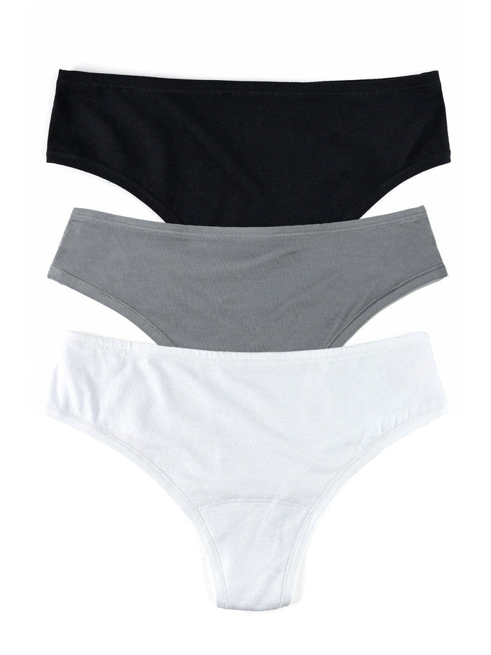 PlayStretch™ Natural Rise Thong 3 Pack in White, Grey & Black - Flat Lay | Hanky Panky