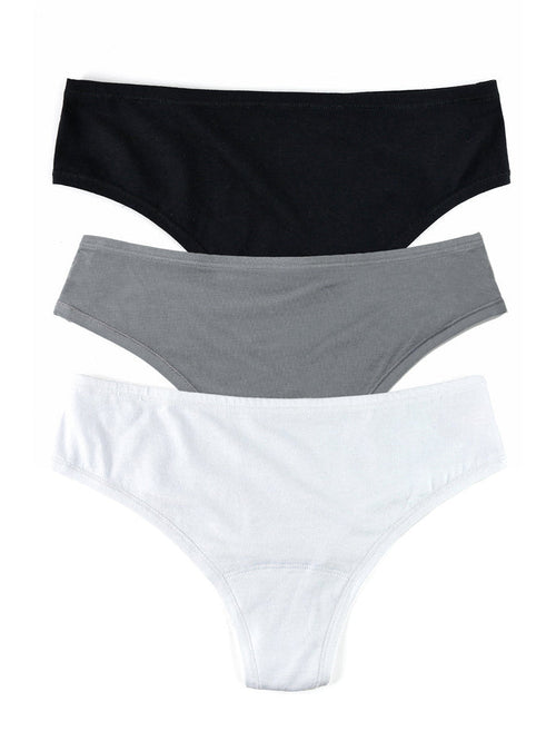 PlayStretch™ Natural Rise Thong 3 Pack in White, Grey & Black - Flat Lay | Hanky Panky
