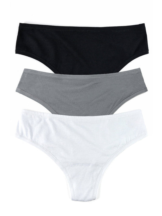 PlayStretch™ Natural Rise Thong 3 Pack in White, Grey & Black - Flat Lay | Hanky Panky