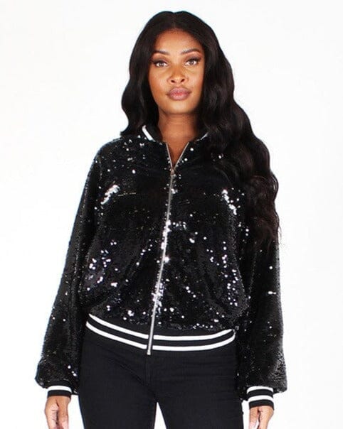 Plus Size Black Sequin Bomber Jacket