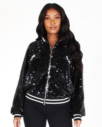 Plus Size Black Sequin Bomber Jacket