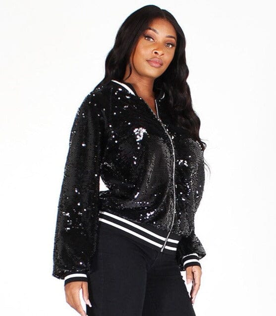 Plus Size Black Sequin Bomber Jacket