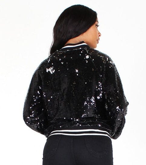 Plus Size Black Sequin Bomber Jacket