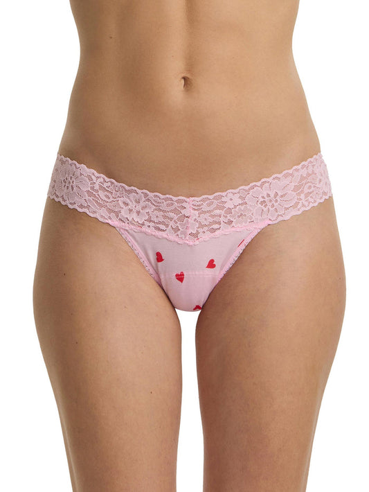 Pink heart-print DreamEase™ Low Rise Thong with lace waistband - Front View | Hanky Panky