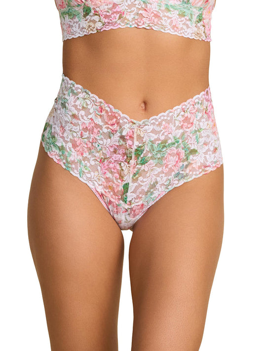 Rococo Rose Pink Floral Printed Retro Lace Thong - Front View, On Model | Hanky Panky