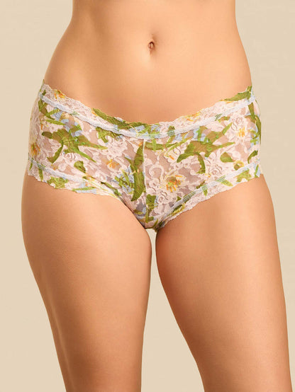 Floral lily blue printed Signature Lace® boyshort - Front View, On Model | Hanky Panky