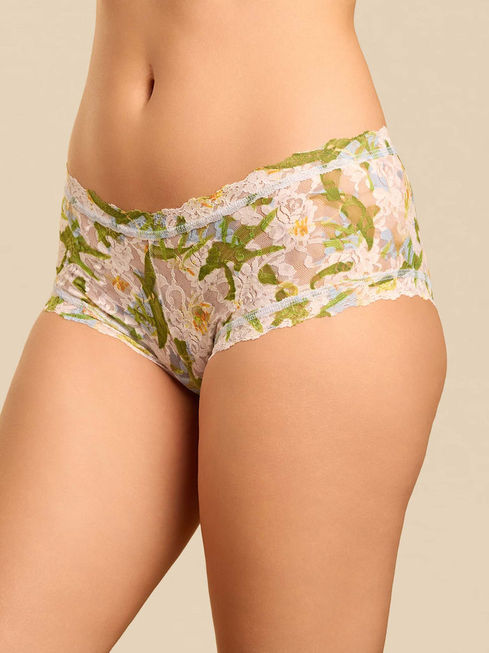 Absolute Lily Blue floral lace boyshort - Three-Quarter Front View, On Model | Hanky Panky