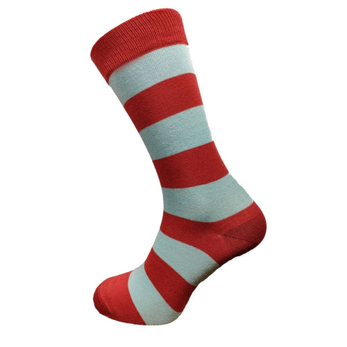 Red and Pale Blue Stripe Bamboo crew socks