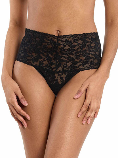 Black Retro Lace Thong High Rise Wide Waistband - Front View On Model | Hanky Panky
