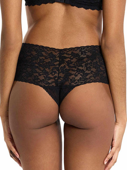 Black Retro Lace Thong Floral Stretch Lace Wide Waistband - Back View On Model | Hanky Panky