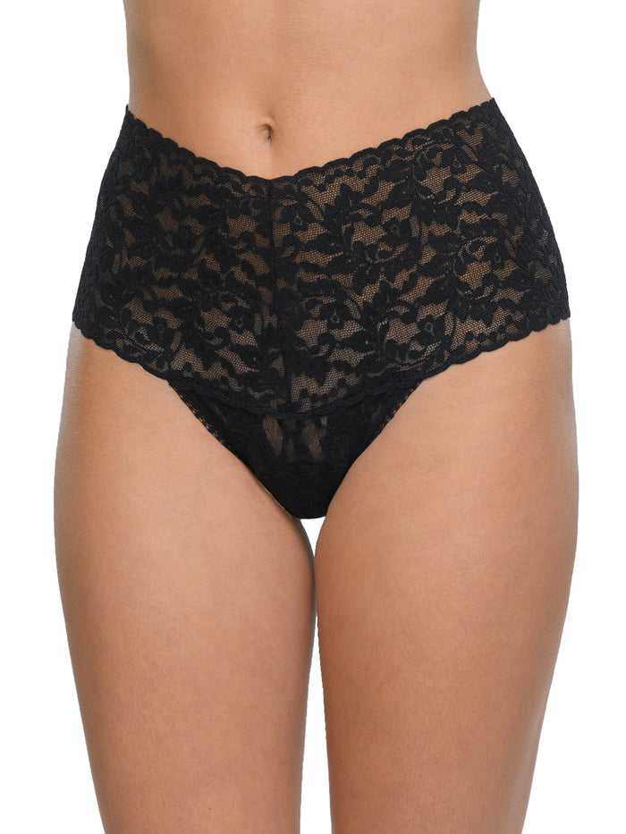 Black Retro Lace Thong High Rise Wide Waistband - Flat Lay Front | Hanky Panky