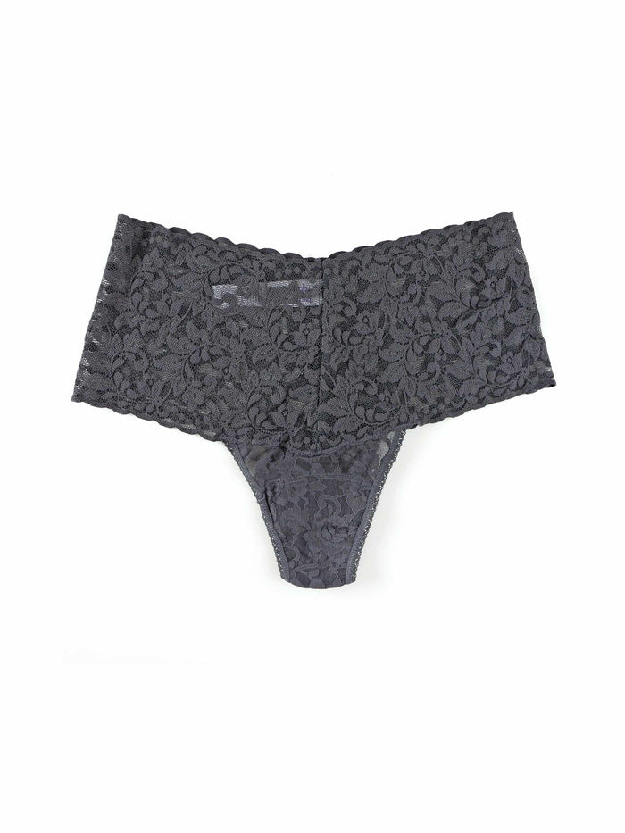 Granite Grey Retro Lace High Waist Thong Wide Waistband - Flat Lay Front | Hanky Panky