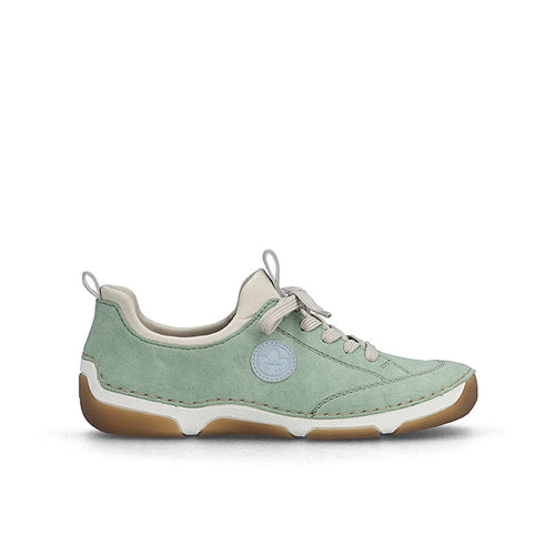 Green lace-up loafers with cushioned sole and suede-like upper for walking shoes