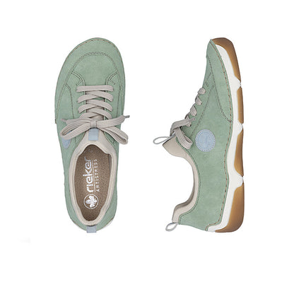 Green lace-up loafers, side view and inside sole