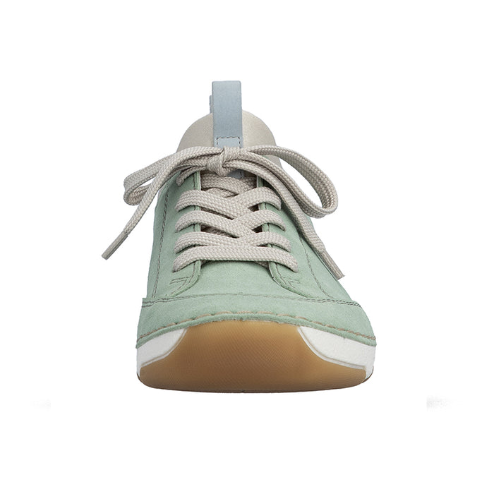 Green lace-up walking shoe with gray laces and cushioned sole