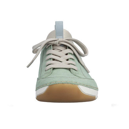 Green lace-up walking shoe with gray laces and cushioned sole