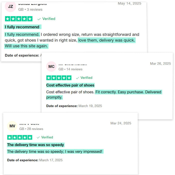 Customer review cards mentioning delivery speed and fit for green walking shoes