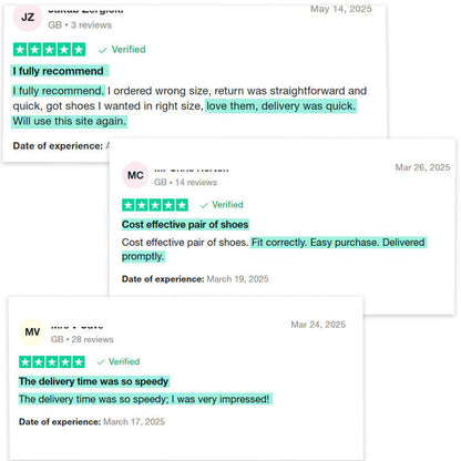 Customer review cards mentioning delivery speed and fit for green walking shoes