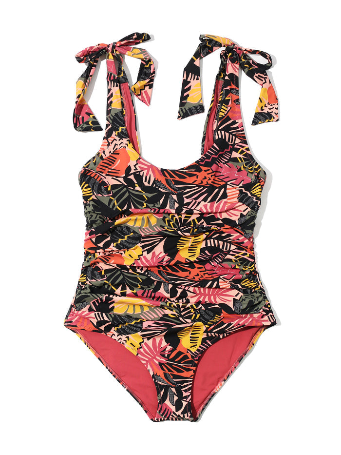 Ruched Bow One Piece Swimsuit Palm Springs tropical print - Flat Lay showing tie-bow straps and ruched detail | Hanky Panky