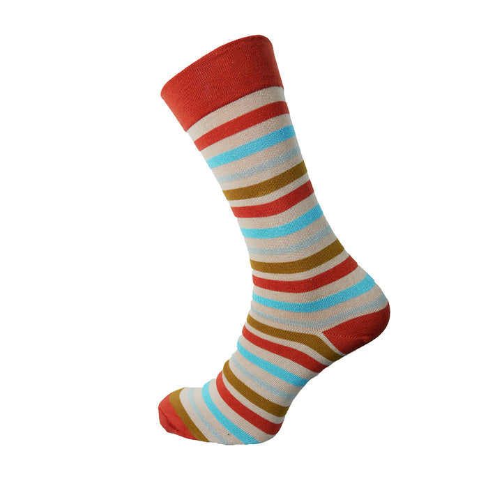 A pair of striped bamboo socks with red, blue, and brown colors on a white background.