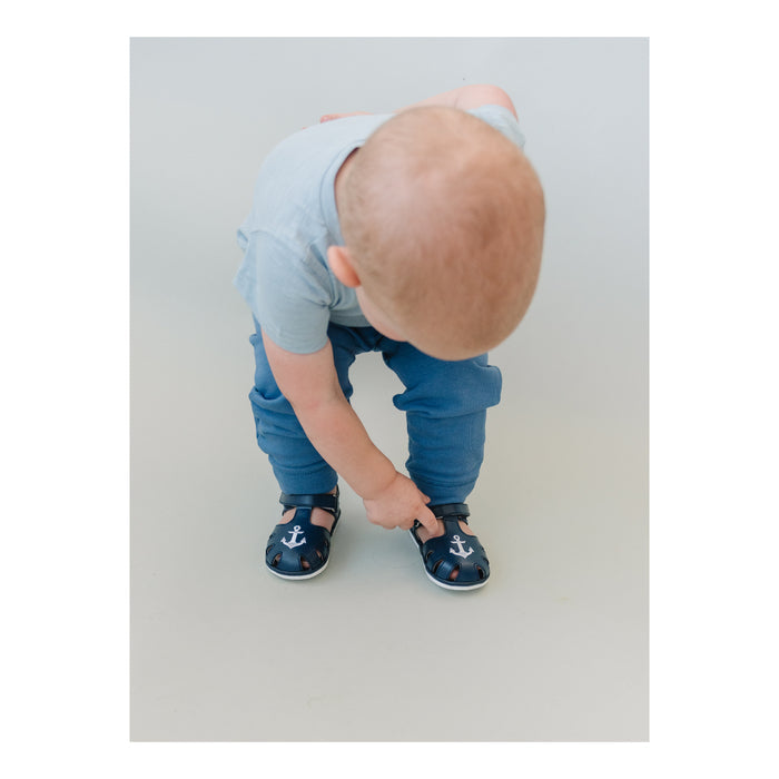 Sawyer Baby Boy Sandal - Anchor Caged Navy Leather - www.lamourshoes.com