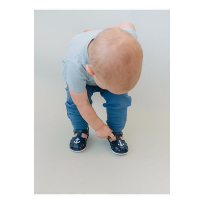Sawyer Baby Boy Sandal - Anchor Caged Navy Leather - www.lamourshoes.com