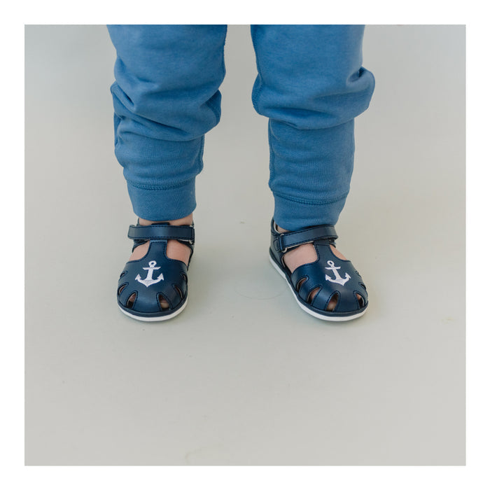 Sawyer Baby Boy Sandal - Anchor Caged Navy Leather - www.lamourshoes.com