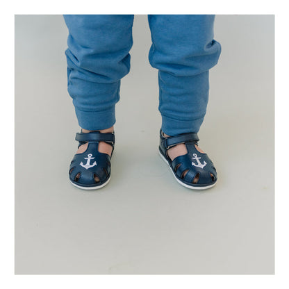 Sawyer Baby Boy Sandal - Anchor Caged Navy Leather - www.lamourshoes.com