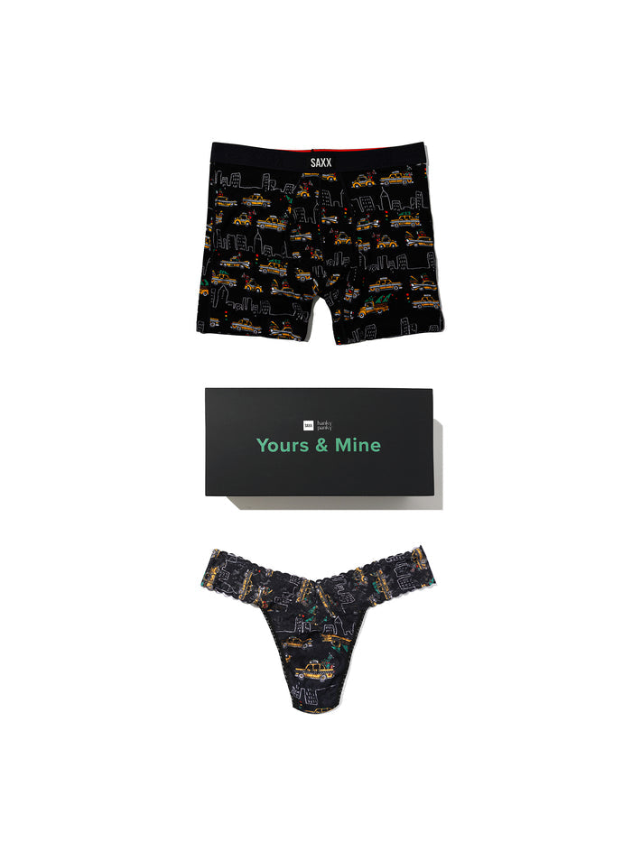 Hanky Panky x SAXX Hail The Holidays matching couples underwear gift set - flat lay with Yours & Mine box | Hanky Panky