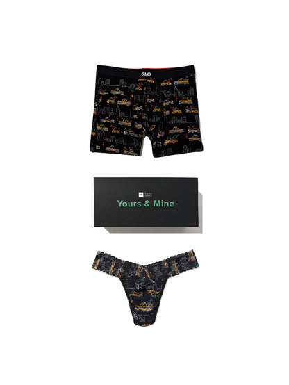 Hanky Panky x SAXX Hail The Holidays matching couples underwear gift set - flat lay with Yours & Mine box | Hanky Panky