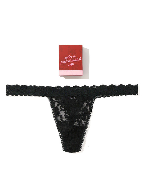 Black Signature Lace® G-String with "We're a Perfect Match" gift matchbook - Flat Lay | Hanky Panky