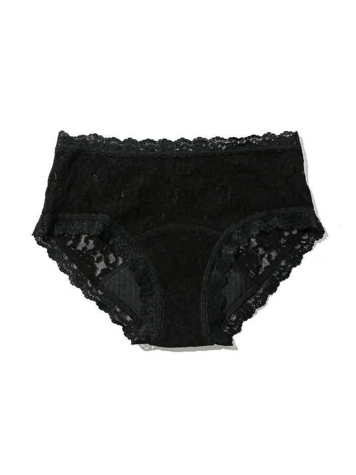 Black Signature Lace® Leakproof Boyshort Flat Lay - Absorbent Gusset & Scalloped Lace Detail | Hanky Panky