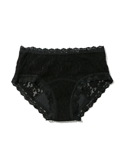 Black Signature Lace® Leakproof Boyshort Flat Lay - Absorbent Gusset & Scalloped Lace Detail | Hanky Panky