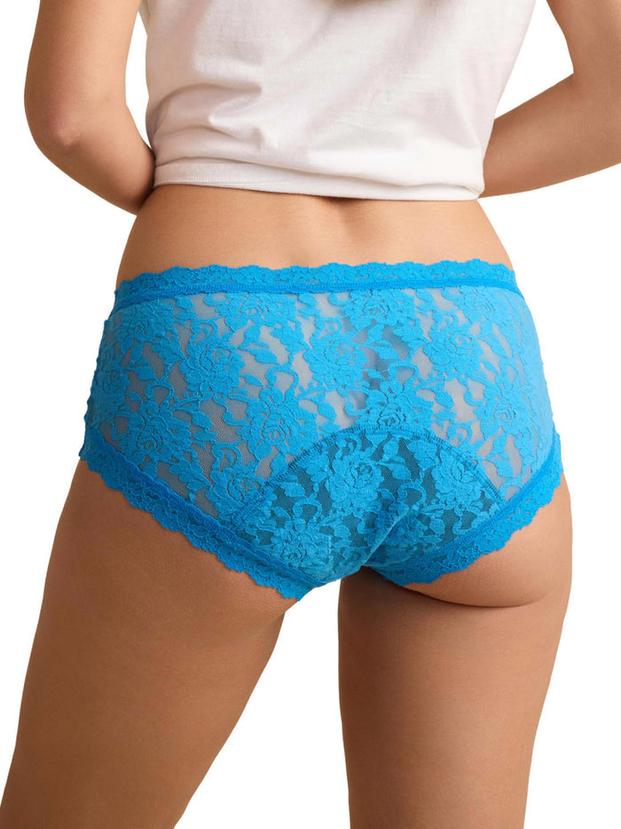 Signature Lace® Leakproof Boyshort Laguna Blue - Back View, Scalloped Lace Edge On Model | Hanky Panky