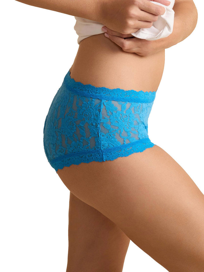 Signature Lace® Leakproof Boyshort Laguna Blue - Side Profile, High Rise Lace Fit On Model | Hanky Panky