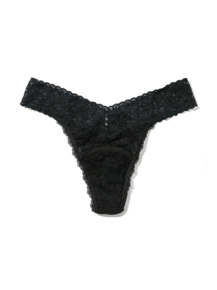 Black Signature Lace® Leakproof Original Rise Thong - Flat Lay, Scalloped V-Waistband & Leakproof Gusset Detail | Hanky Panky