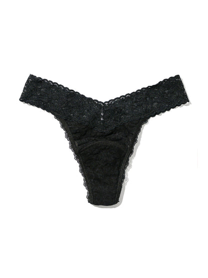 Black Signature Lace® Leakproof Original Rise Thong - Flat Lay, Scalloped V-Waistband & Leakproof Gusset Detail | Hanky Panky