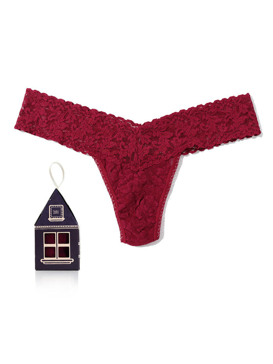 Dark Pomegranate Red Signature Lace Low Rise Thong with Holiday Gingerbread House Gift Box - Flat Lay | Hanky Panky