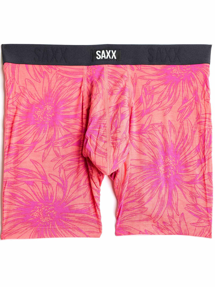 SAXX Super Soft Vibe Boxer Brief in Big Daisy Gumball pink floral print with navy SAXX waistband - Flat Lay | Hanky Panky