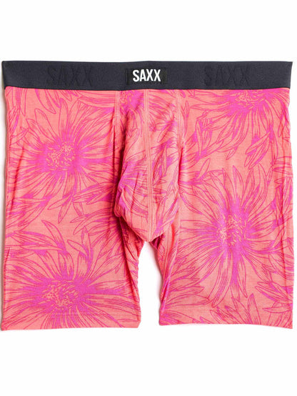 SAXX Super Soft Vibe Boxer Brief in Big Daisy Gumball pink floral print with navy SAXX waistband - Flat Lay | Hanky Panky