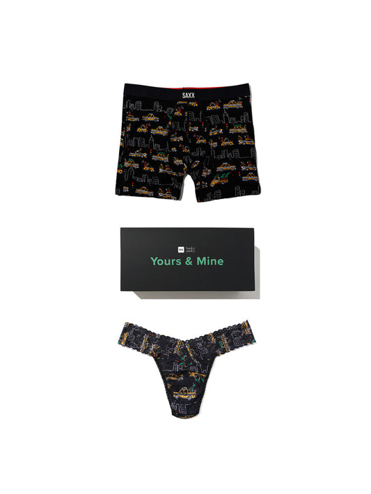 Hanky Panky x SAXX Hail The Holidays matching couples underwear gift set - flat lay with Yours & Mine box | Hanky Panky