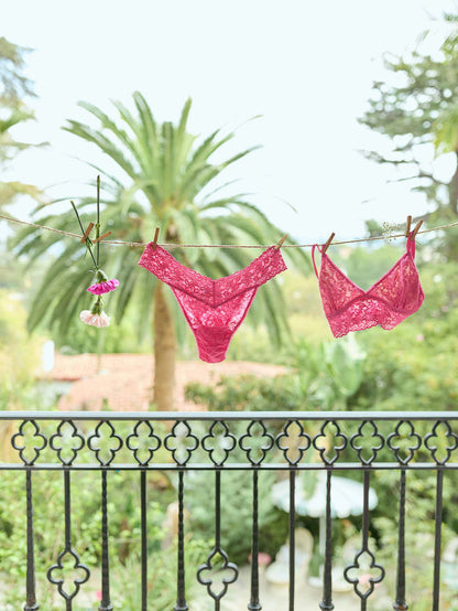 Signature Lace® Original Rise Thong Dragon Fruit Pink with matching lace bralette - outdoor flat display | Hanky Panky