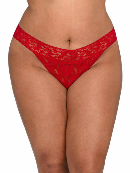 Signature Lace® Original Rise Thong Red - Plus Size Front View, V-Waistband Lace Thong On Model | Hanky Panky