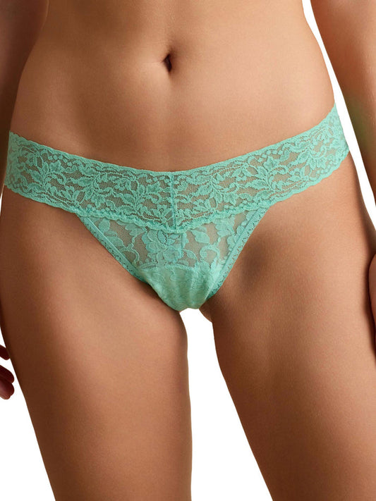 Tulum Green Signature Lace® Original Rise Thong - Front View, V-front waistband comfortable lace thong | Hanky Panky