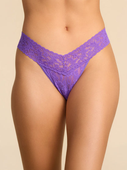 Vivacious Violet Signature Lace® Original Rise Thong - Front View, V-Waistband Detail, Comfortable Lace Thong | Hanky Panky