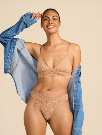 Signature Lace® Padded Triangle Bralette Sun Tan - Front View, tan lace bralette styled with denim | Hanky Panky
