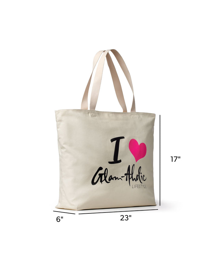 Hot pink canvas tote bag featuring the Glam-Aholic Lifestyle logo, ideal for stylish and affordable everyday use.